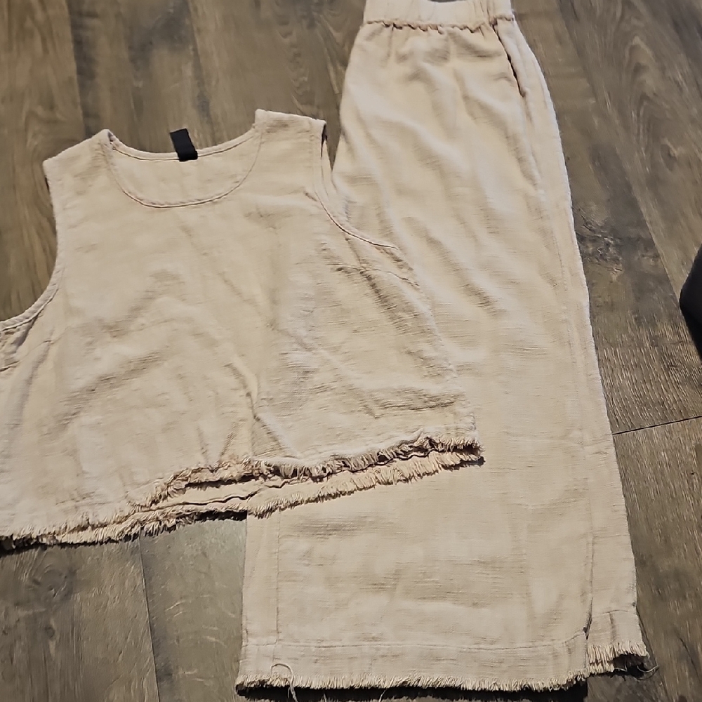 bobi Beige Jumsuit Sleeveless Flare Wide 2 Piece Large Tan Bohemian Fringe